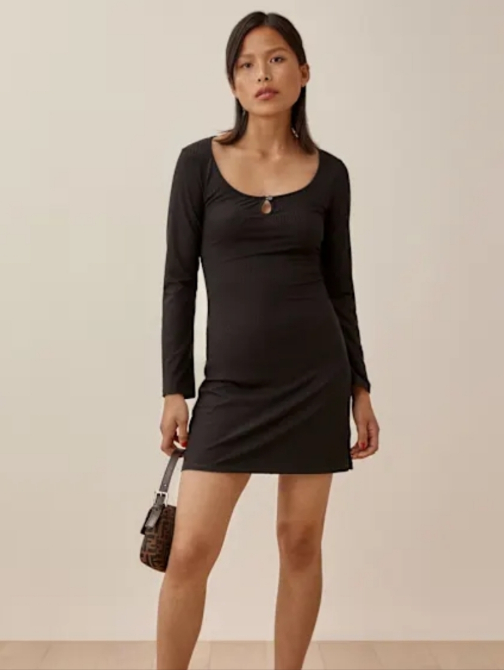 Reformation Elias Knit Black Long Sleeve Scoop Neck Mini Dress - Picture 2 of 10